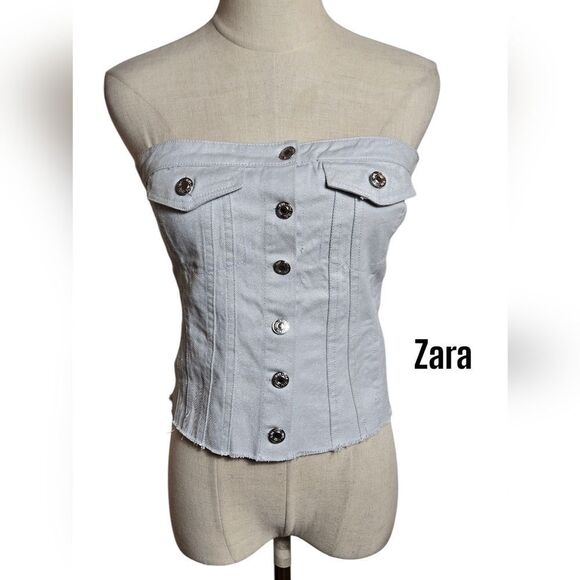 Zara Women's Gray Button-Up Denim Tube Top - Picture 1 of 6